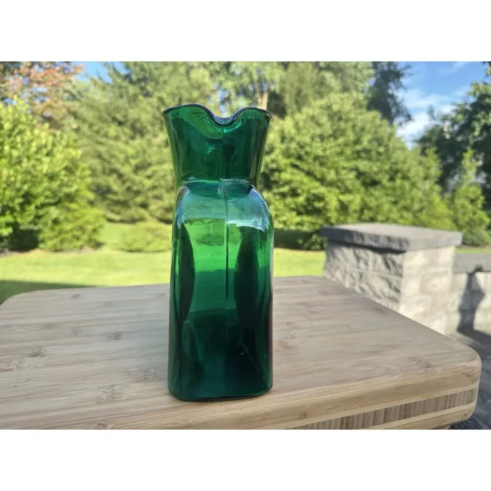 BLENKO Hand Blown Glass VINTAGE Emerald Green Double Spout DECANTER VASE